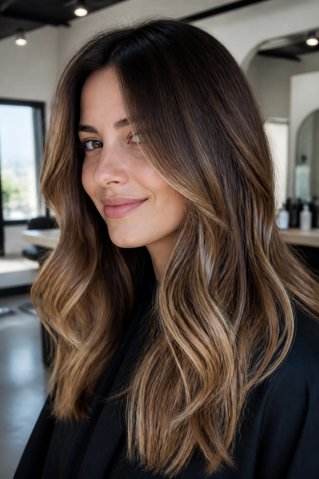 Close-up of a real woman showing shadow-root caramel melt with seamless transition