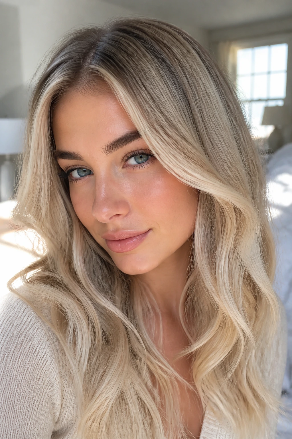 Close-up of a real woman with shadow-root champagne blonde hair by a sunlit window