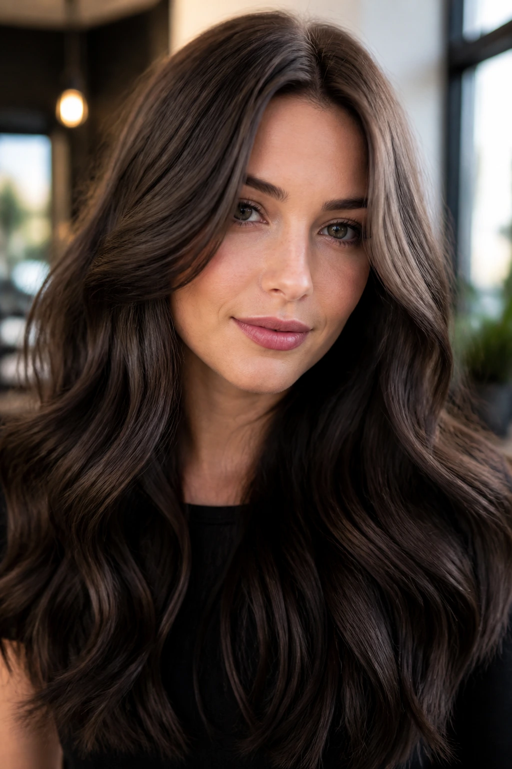 Close-up brunette with cool cocoa shadow root and dark brown ends