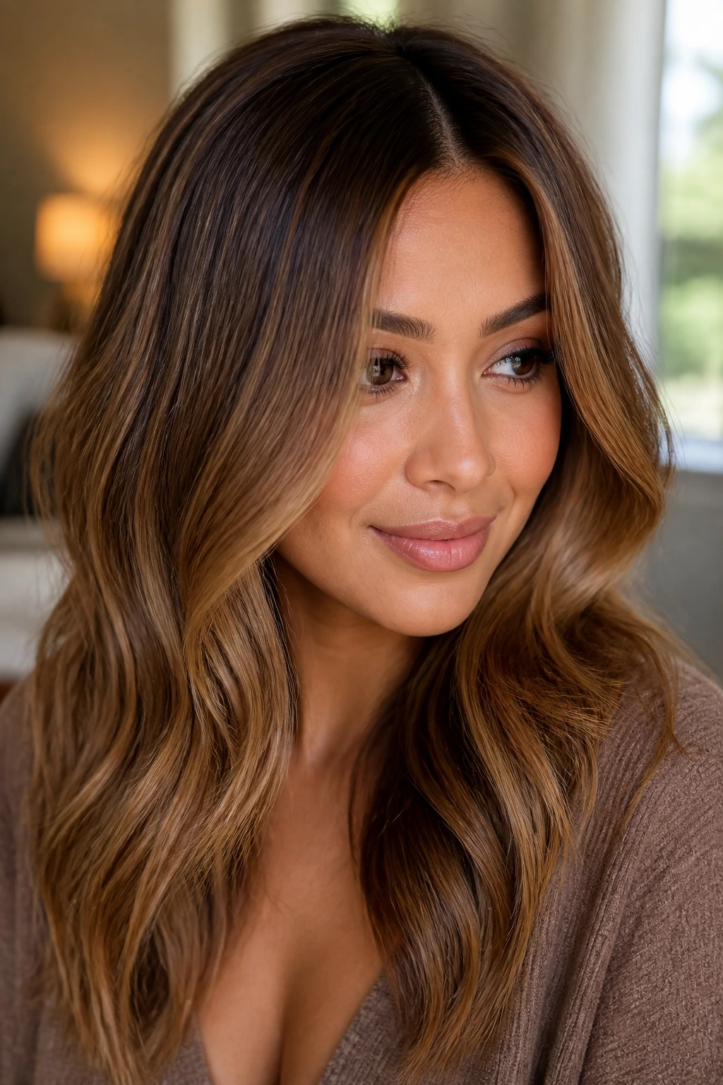 Close-up portrait of a real woman with cocoa-toffee shadow root showing dark cocoa at the roots fading to warm toffee.