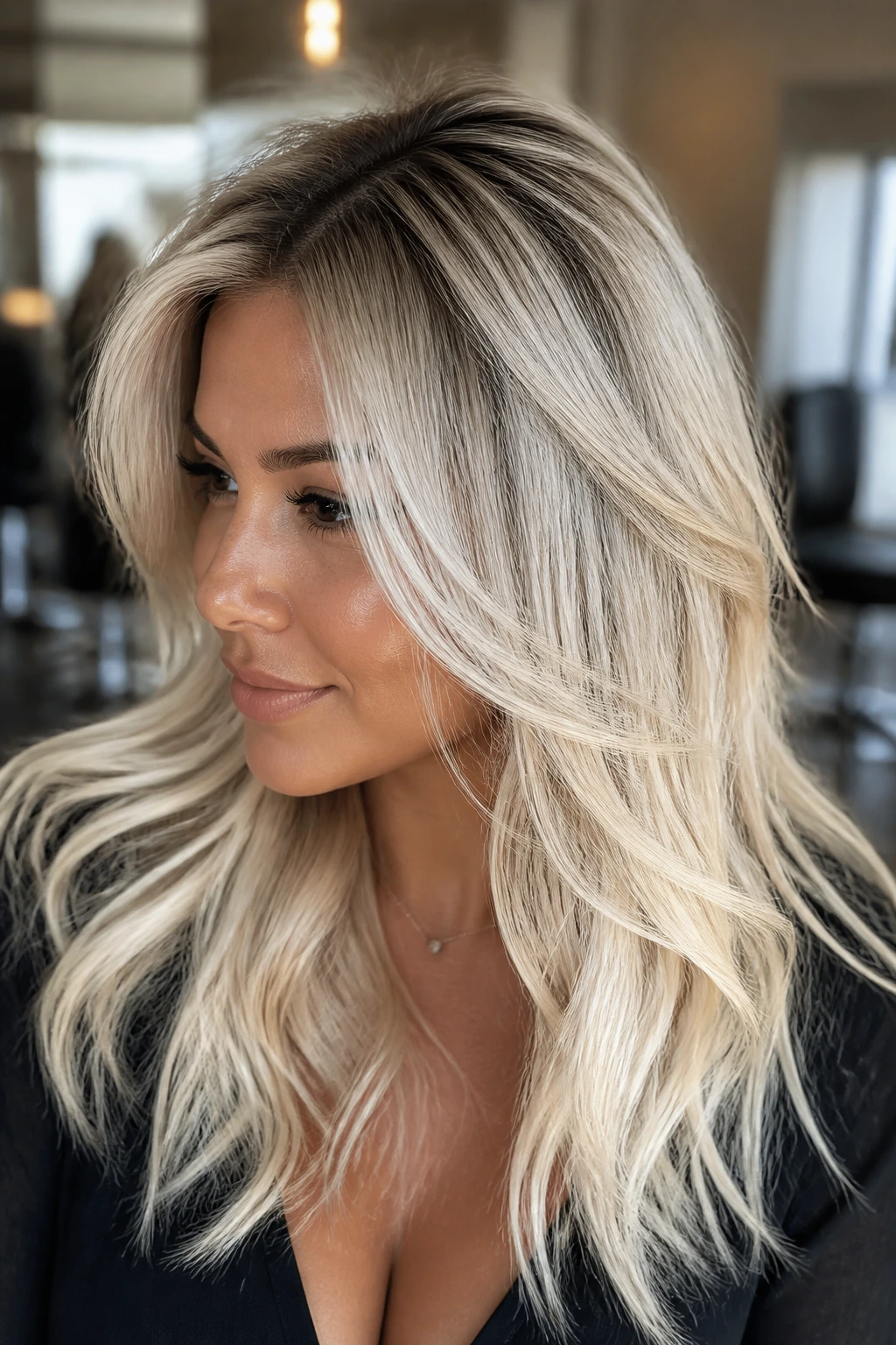 Portrait of a person with platinum hair and soft root shadow on tan skin.