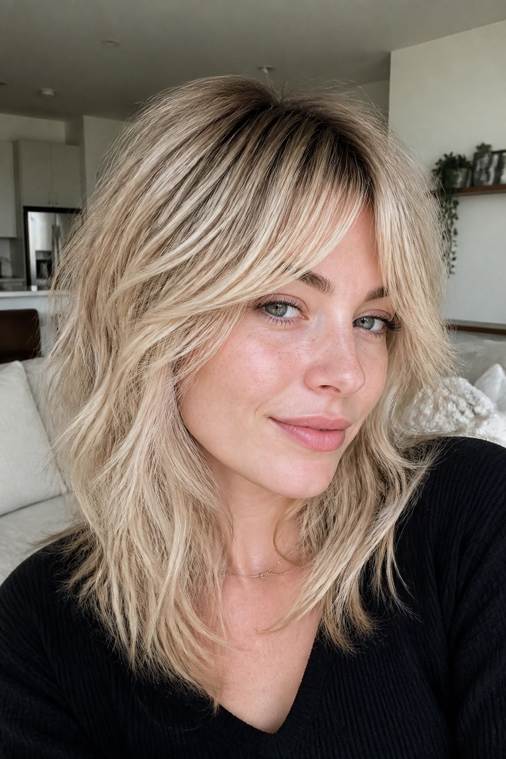Close-up of a woman with a shadow-root cream blonde shag hairstyle