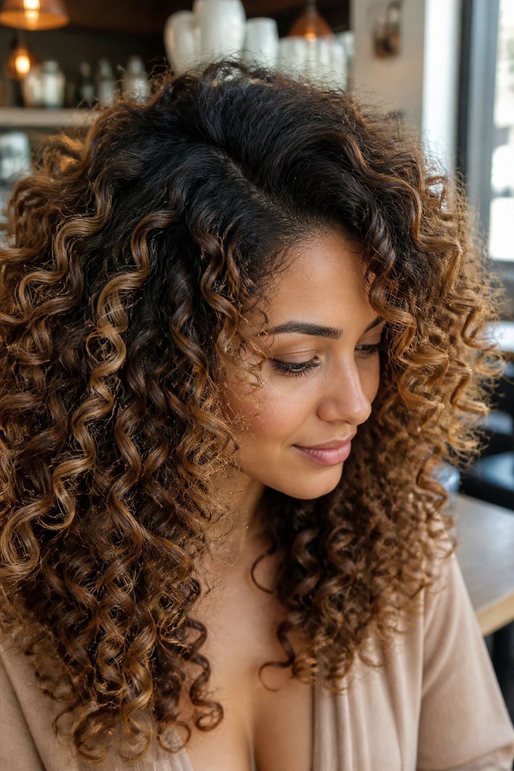 Real woman with shadow-root layered curls and caramel mid-length highlights under soft daylight.