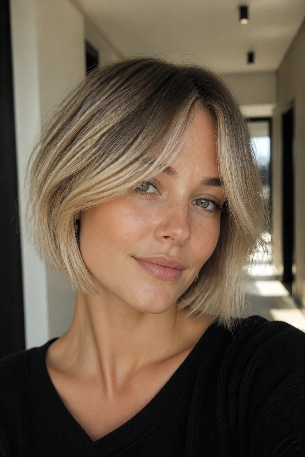 Close-up portrait of a real woman with shadow root curtain bob hairstyle