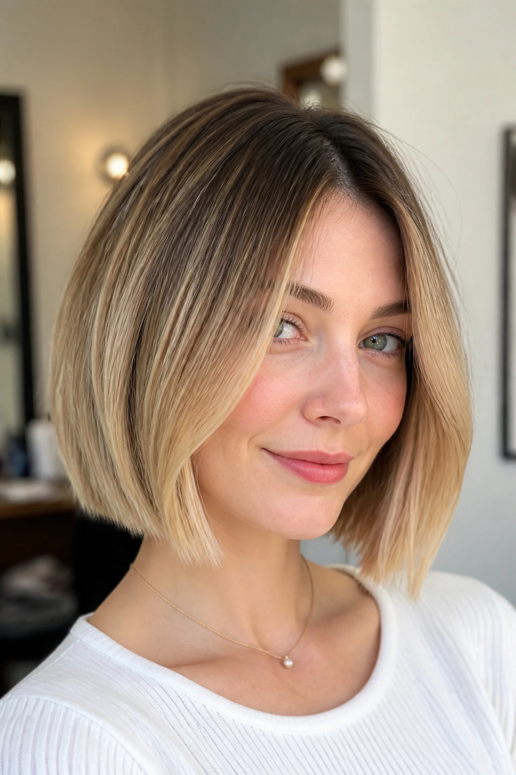 Close-up portrait of a real person showing a soft shadow-root honey balayage on a bob.