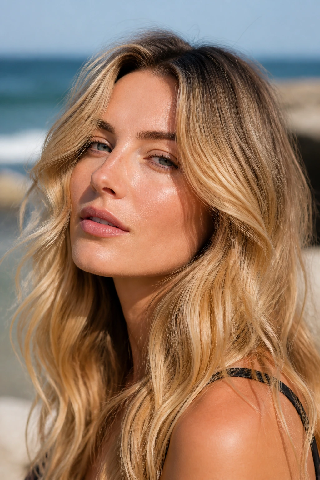 Portrait of a woman with shadow-root honey waves