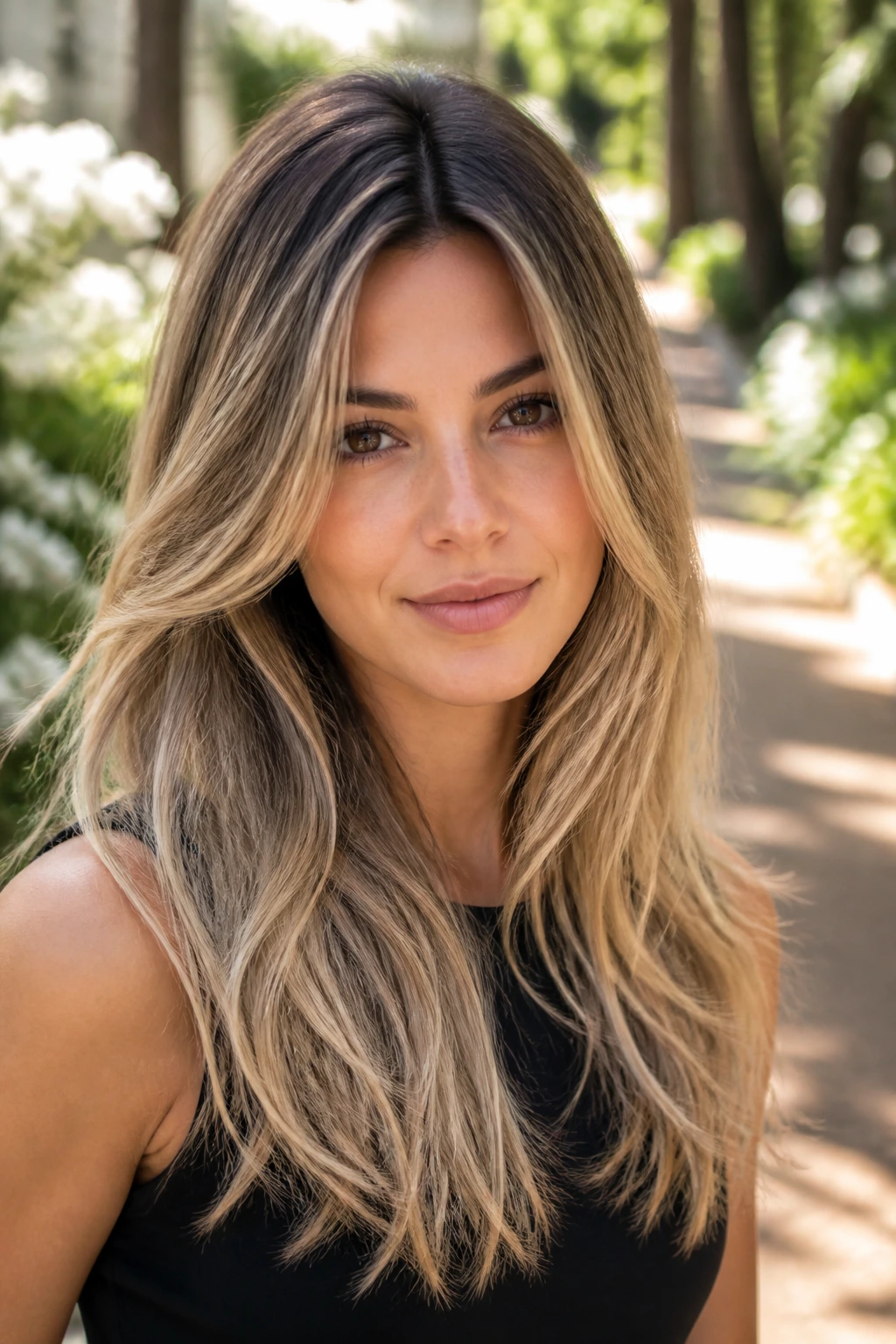 Long layered hair with a shadow root on a real person.