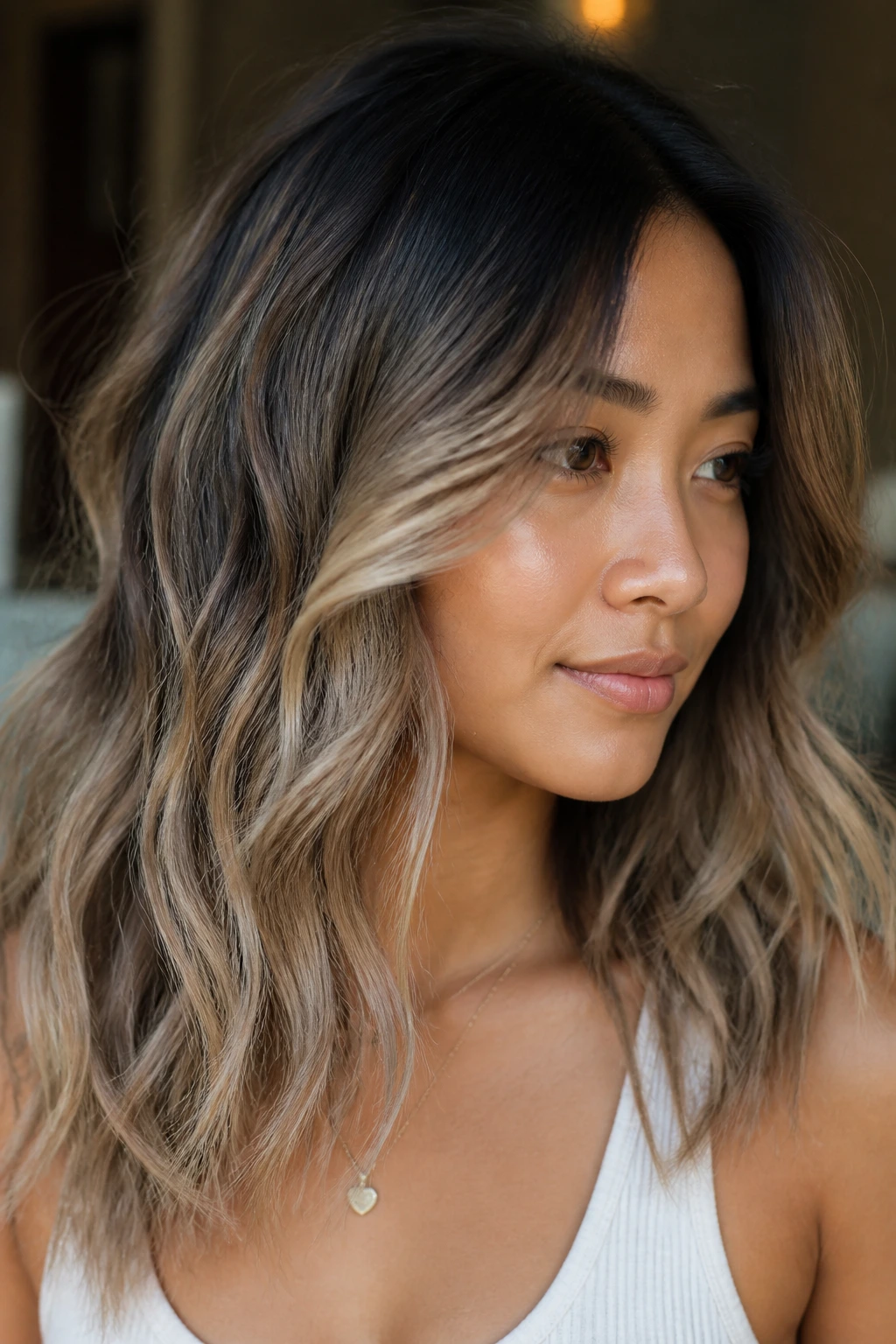 Rooted melt hair color with soft transition on medium skin