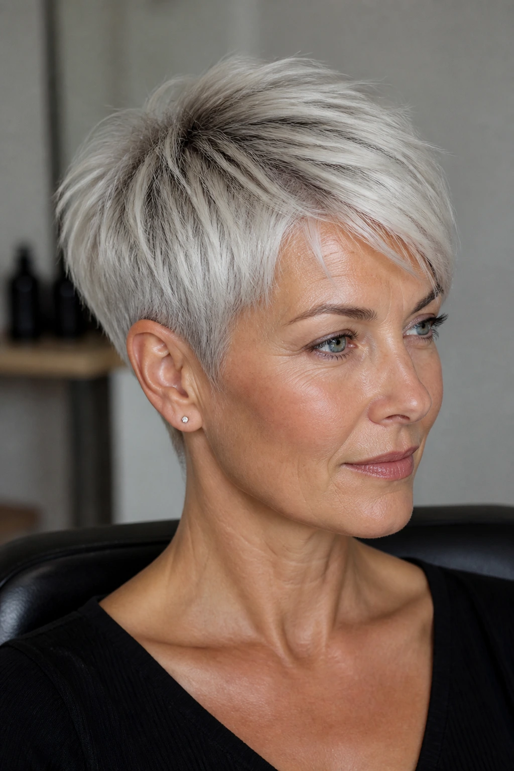 Portrait of real woman with silver-platinum pixie and shadow root.
