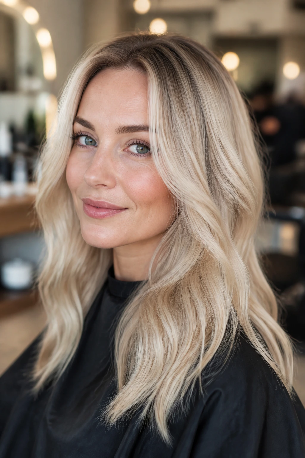 Close-up of a real woman with warm platinum color and shadow root.