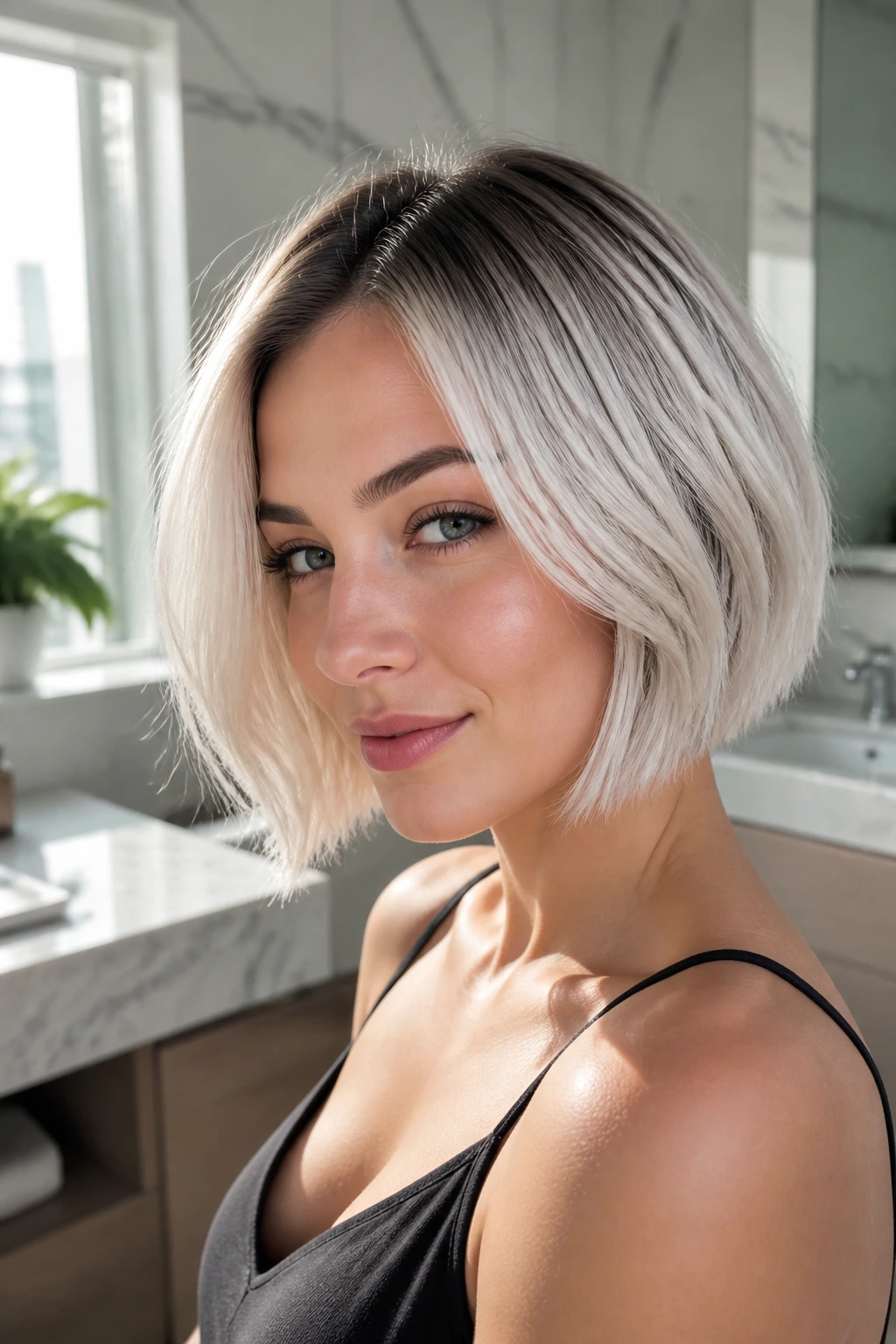 Close-up of a real woman with a shadow-root platinum bob, dark roots fading to pale platinum ends