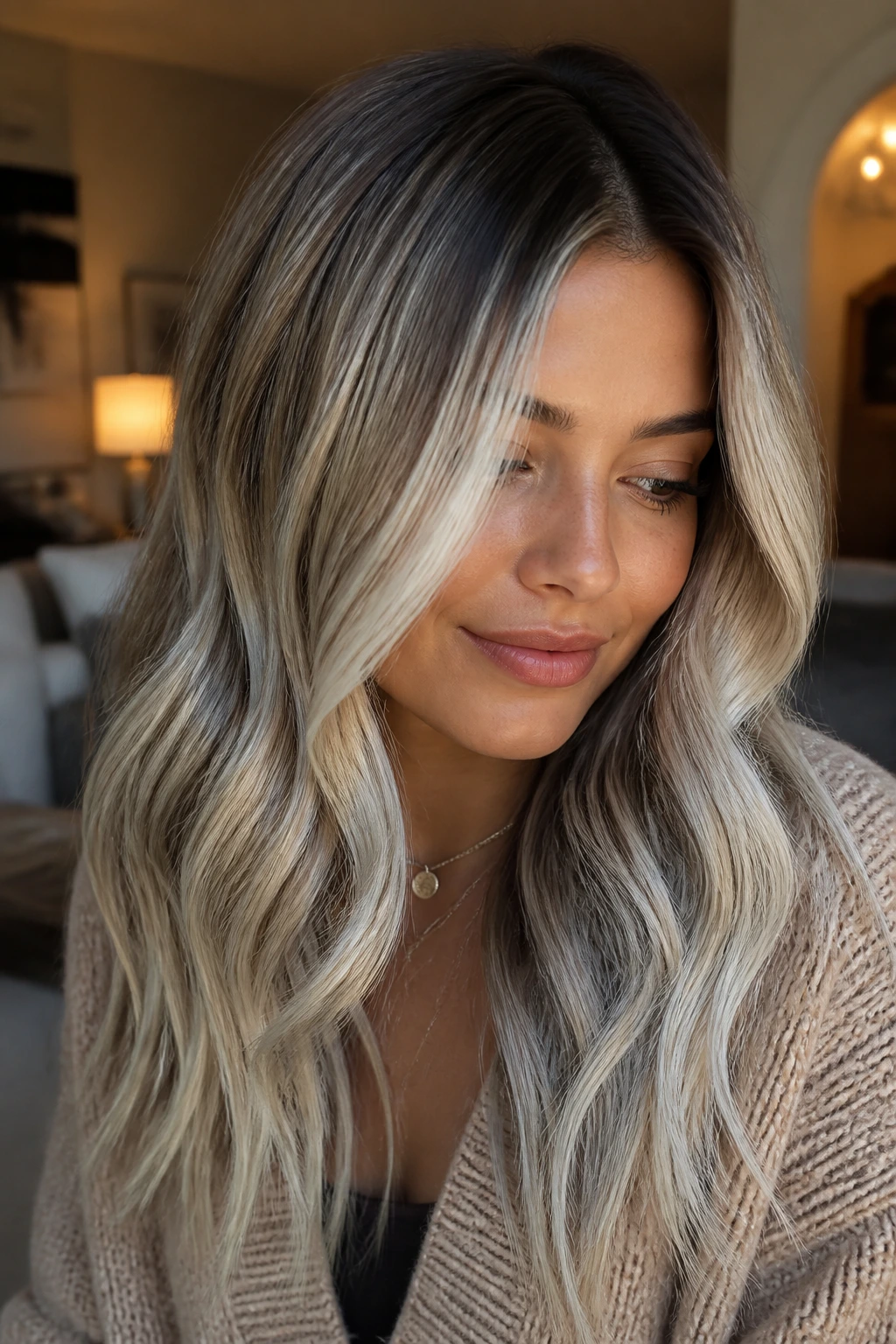 Portrait of brunette with shadow root and platinum dusting