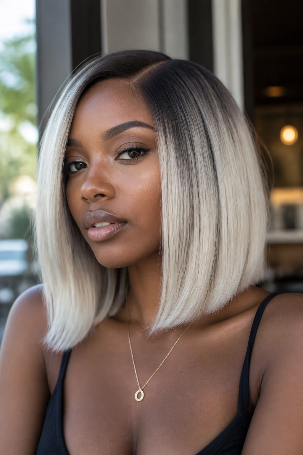 Close-up of a real woman with shadow-root platinum lob.