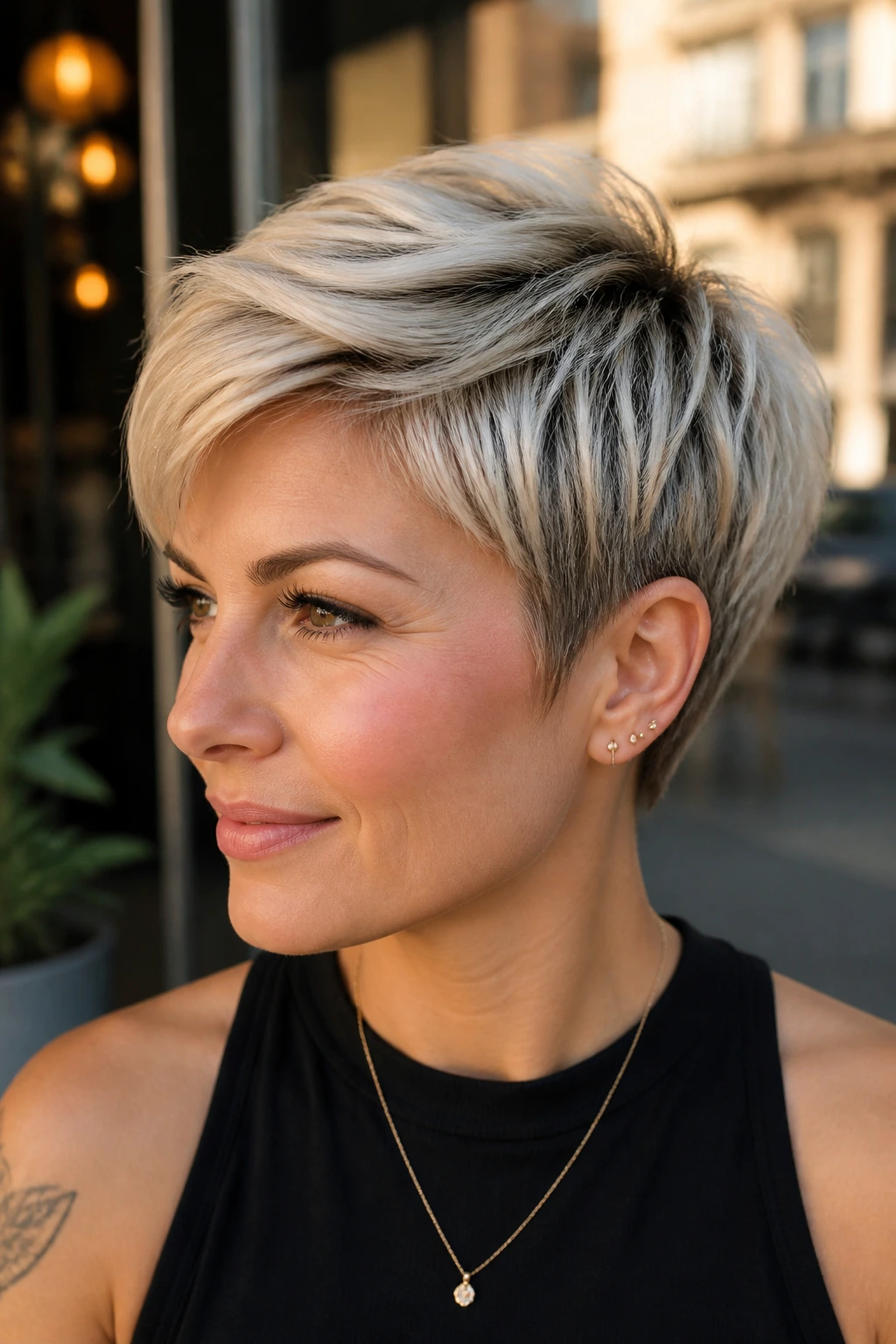 Close-up of a brunette woman with a shadow-root platinum pixie haircut