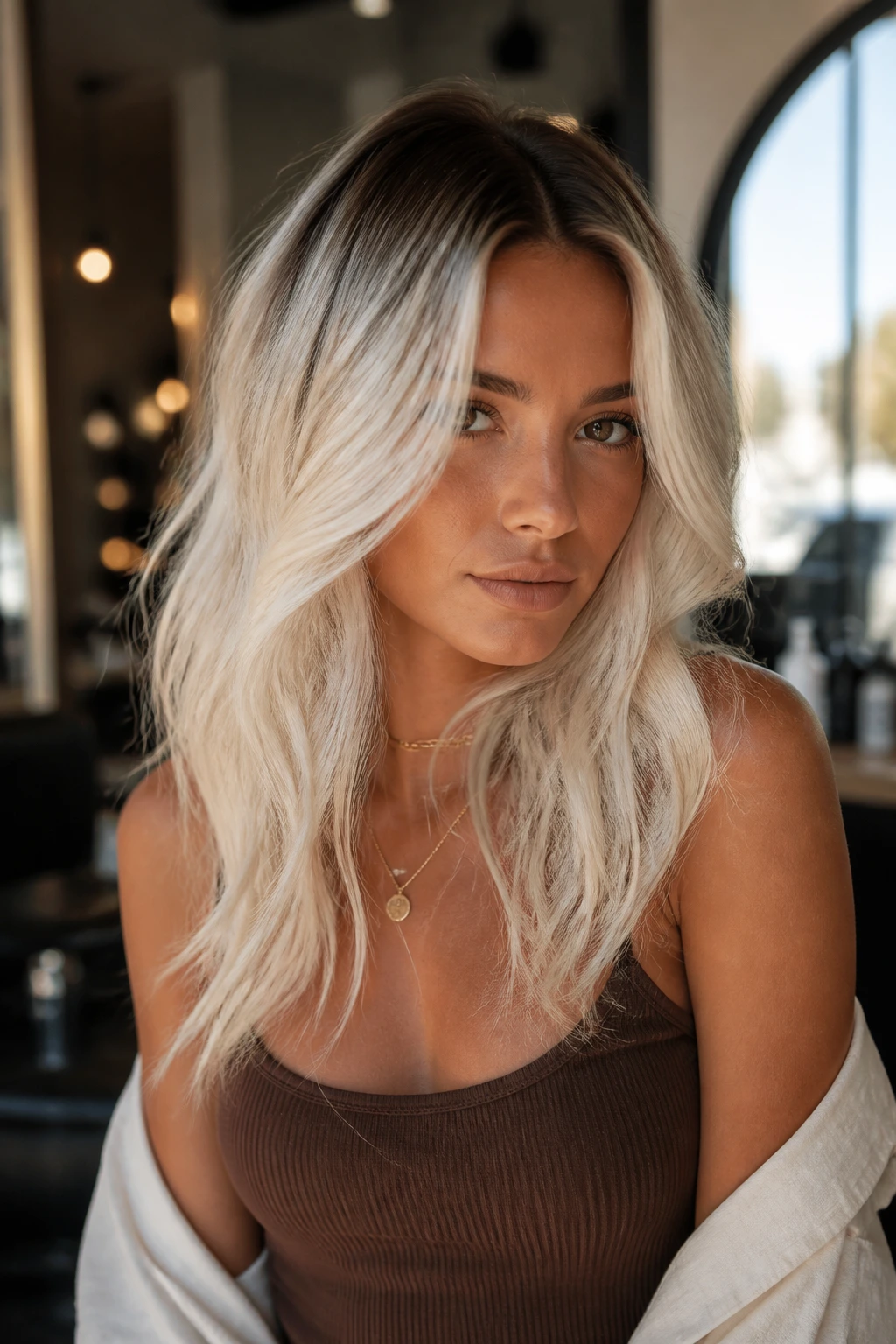 Close-up of a real woman showing a shadow-root platinum blonde with tan skin in a salon