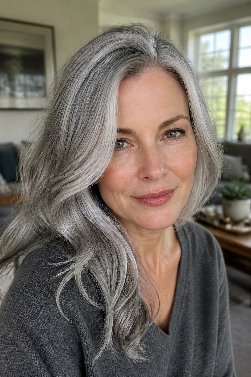 Close-up of real woman with silver hair showing subtle root shadow and soft wave in natural window light