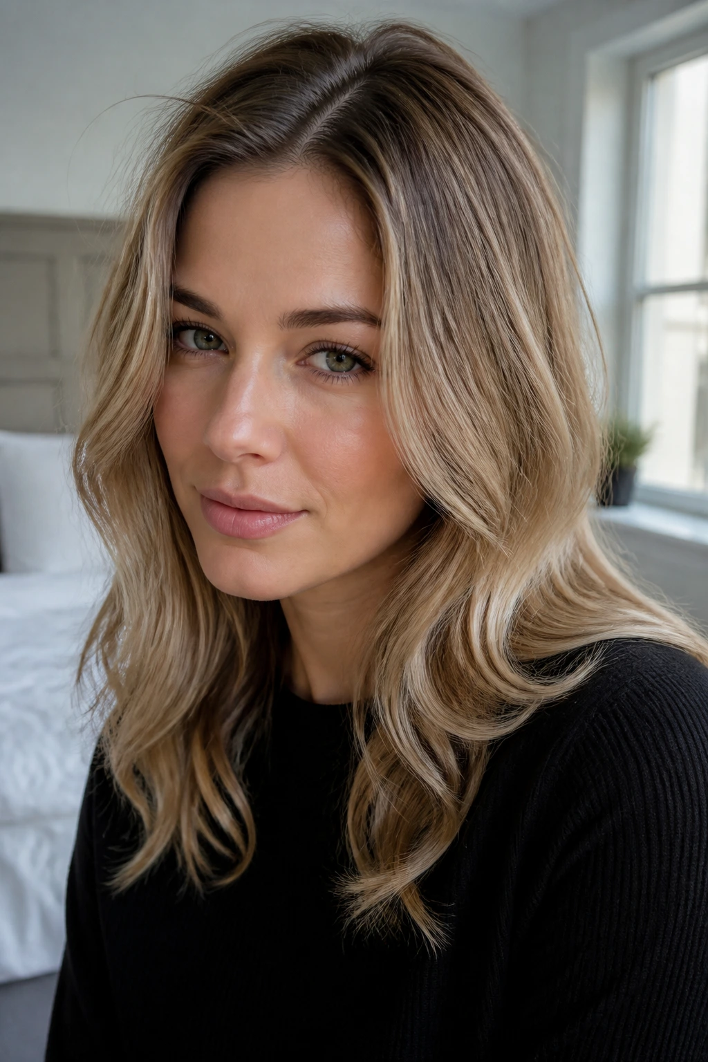 Real person with shadow root variation in dark blonde hair