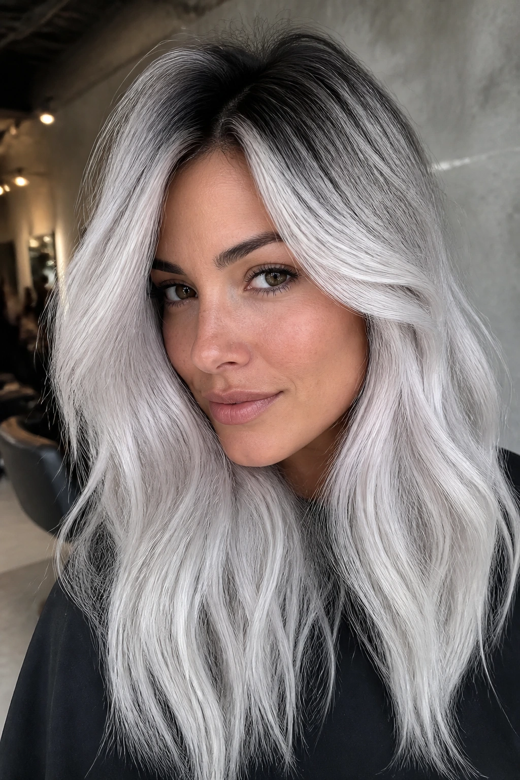Close-up of a real woman with shadow-root white-silver hair