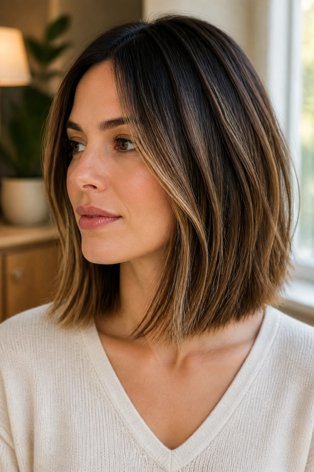Portrait of real woman with dark roots and babylights showing a clean shape