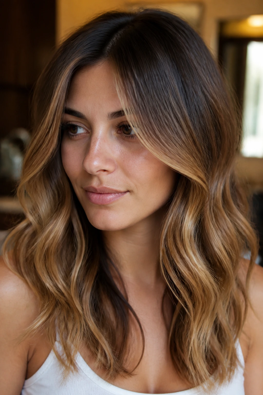 Close-up of brunette with shadow roots and caramel mid-lengths.