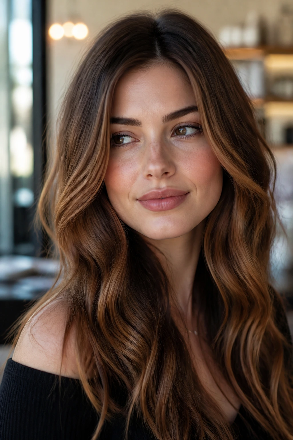 Close-up portrait of a real woman with chestnut caramel hair and shadow roots.