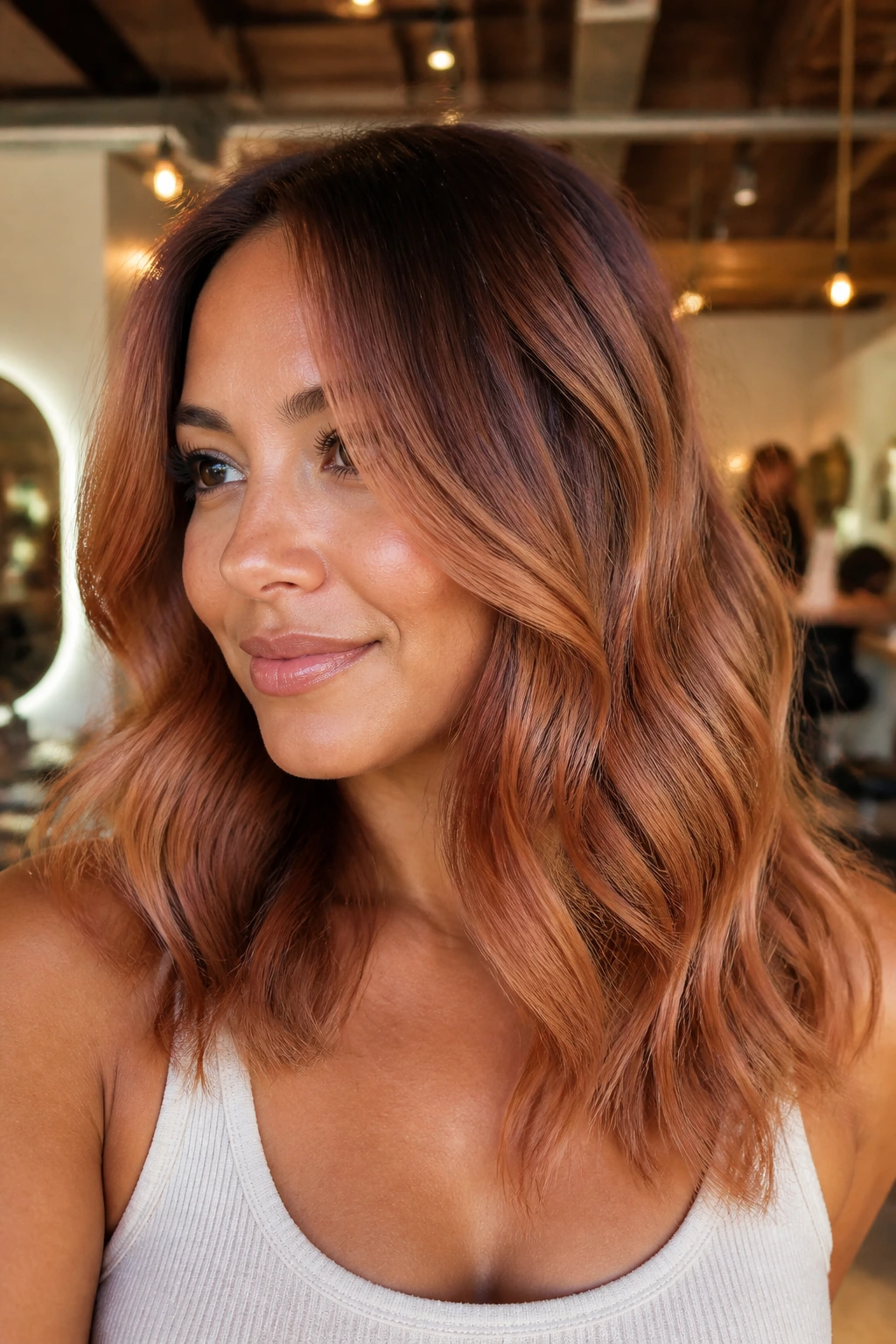 Close-up of hair with dark roots and copper ends blending through the mid-lengths.