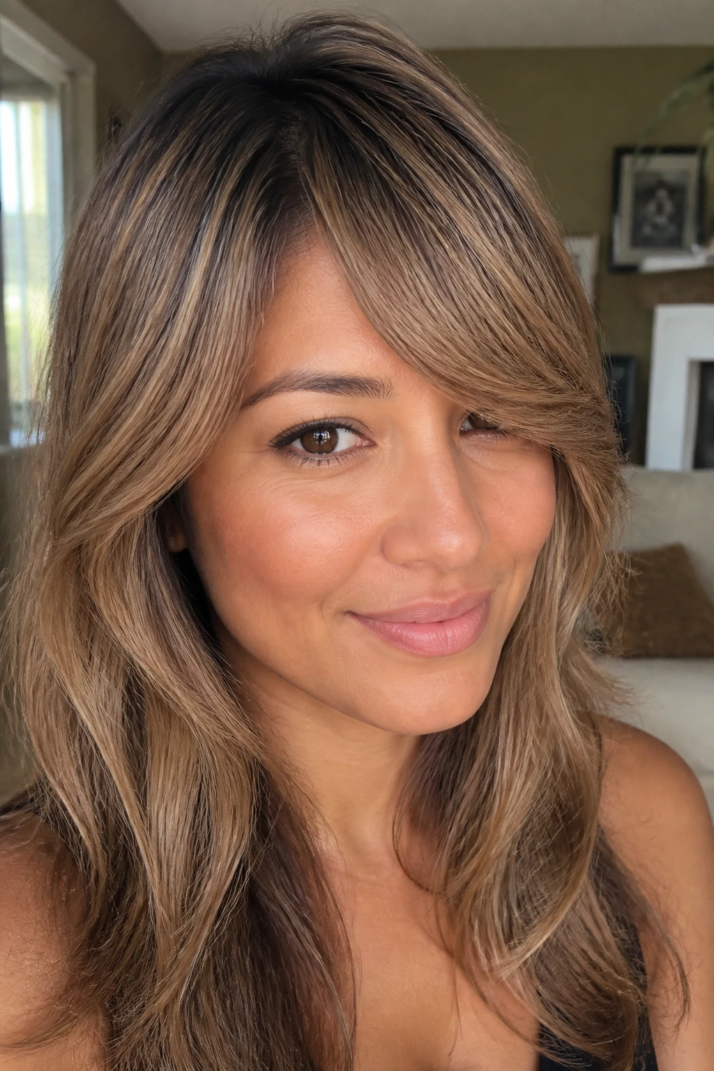 Close-up of real person with sandy brown shadow roots and side-swept bangs in daylight