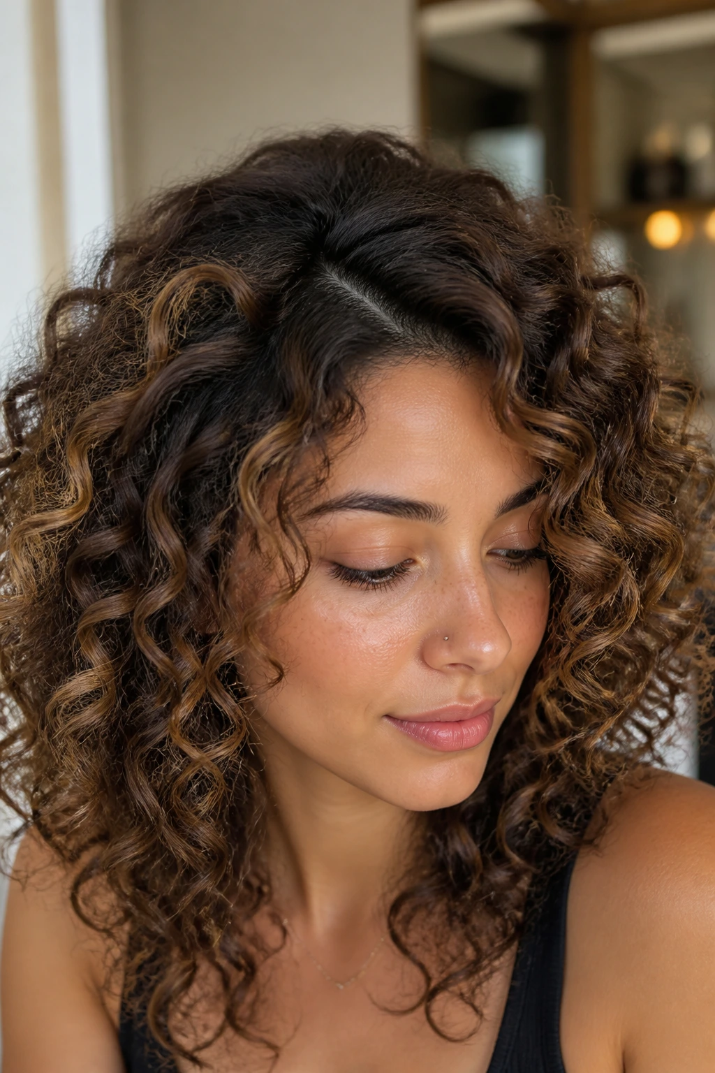 Close-up of curly hair with crown-area lowlights creating a shadowed crown on a real woman