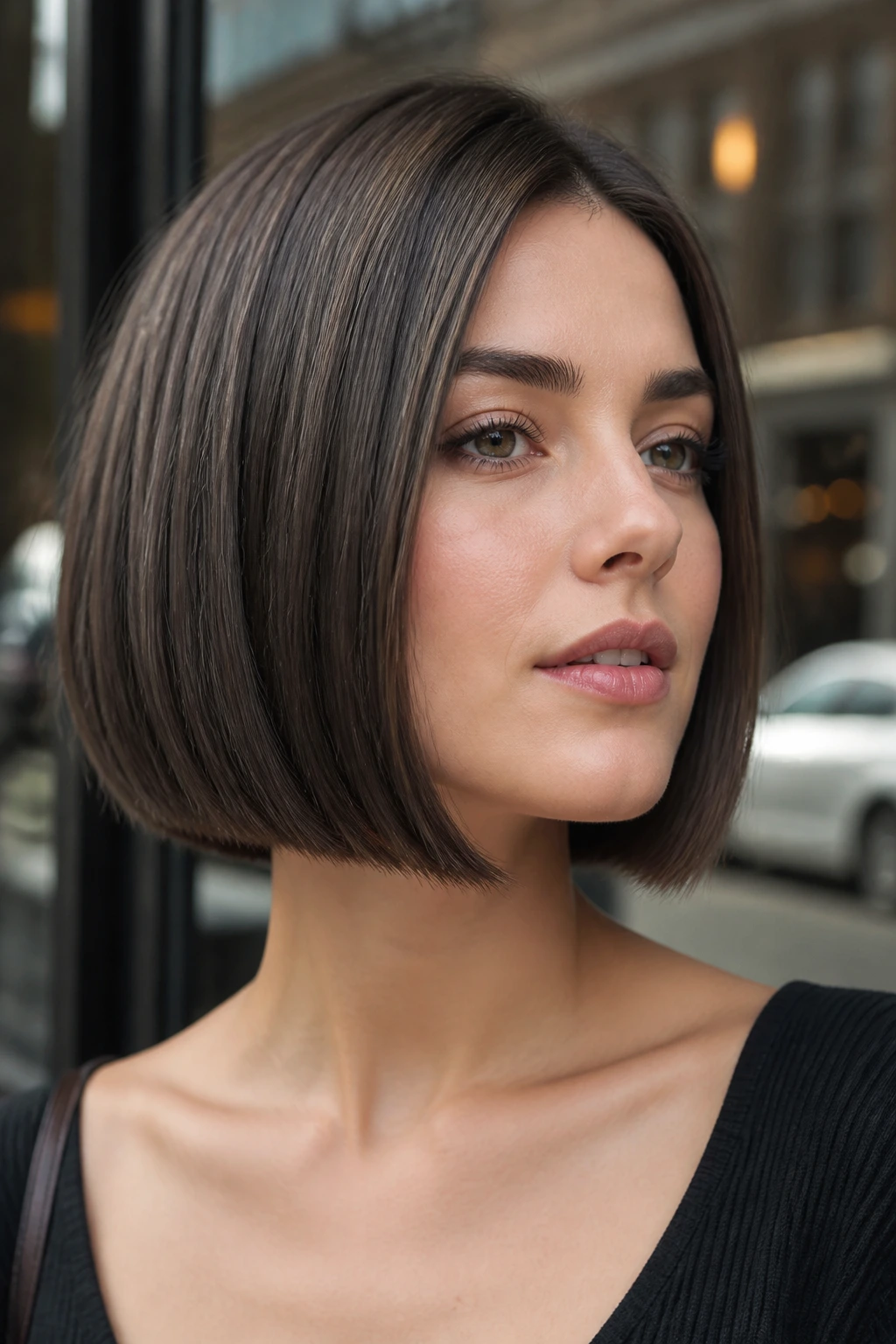 Close-up of a blunt bob with a shadowed perimeter on a real person.