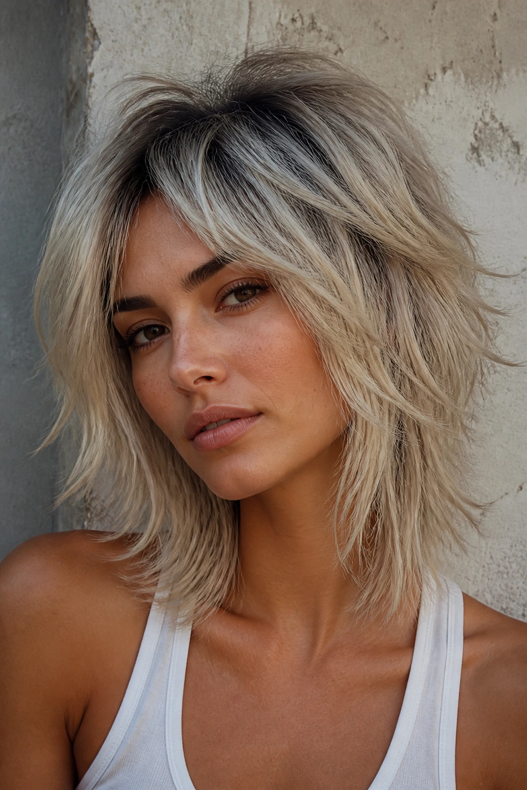Close-up portrait of a real person with shadowed platinum shag.
