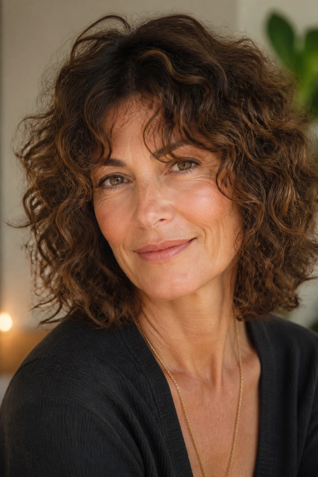 Portrait of a real woman with curly hair and curtain bangs in a softly lit room