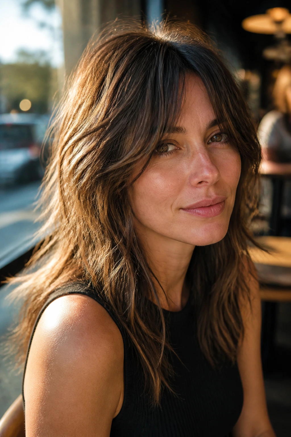 Real woman with shag-adjacent fringe and textured ends in a sunlit cafe setting.