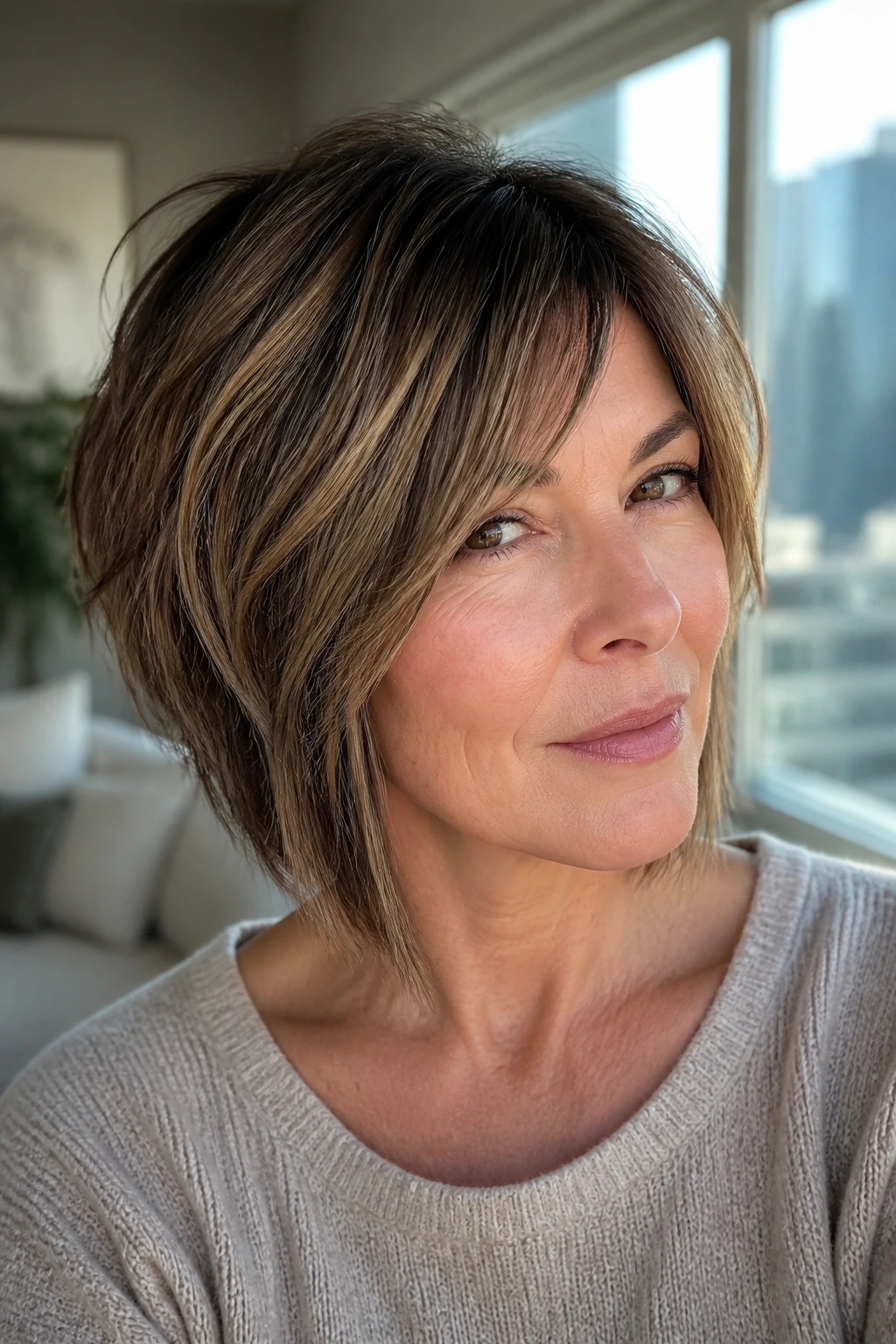 Close-up portrait of a real woman with a dense shag-inspired angled bob in warm window light
