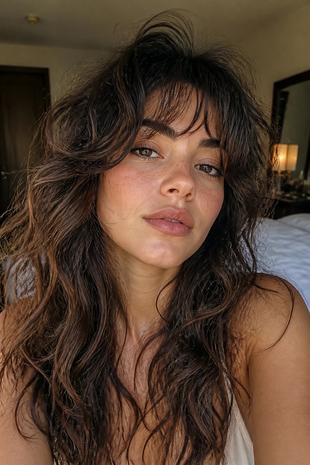 Close-up portrait of a real woman with shag bangs and crown lift in a cozy bedroom