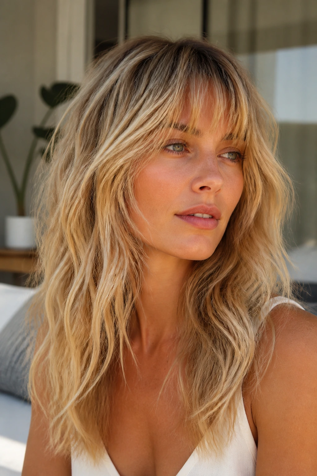 Portrait of a real woman with shag bangs in sandy blonde, outdoors in daylight