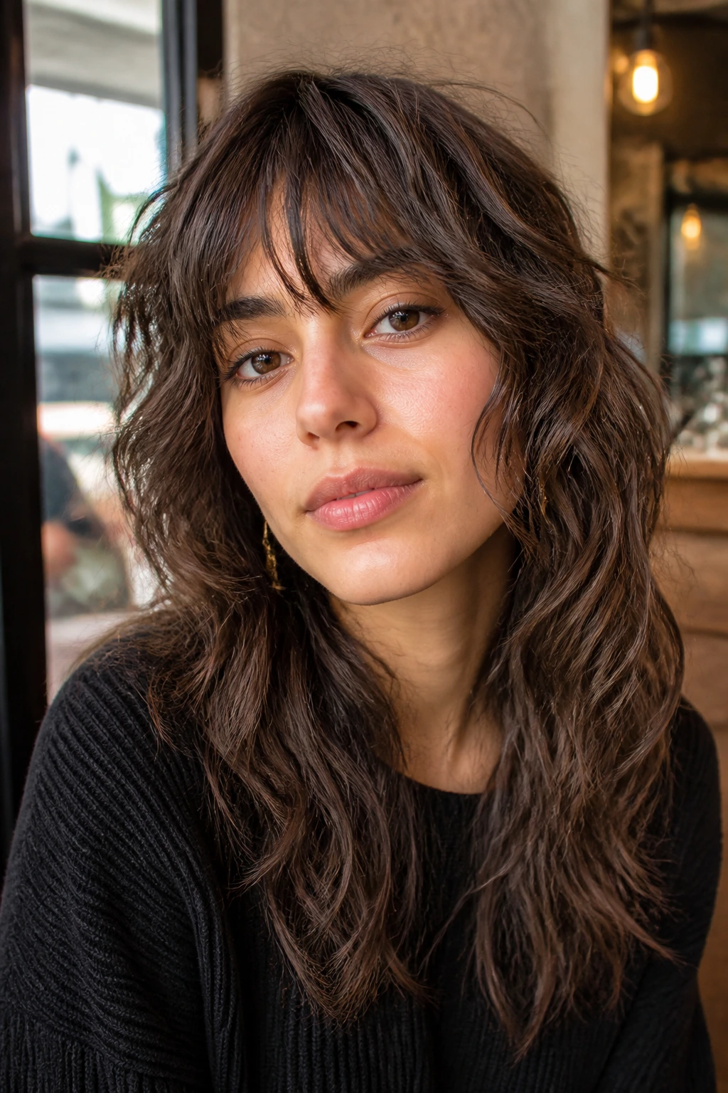 Close-up of real person with shag bangs in cozy cafe light