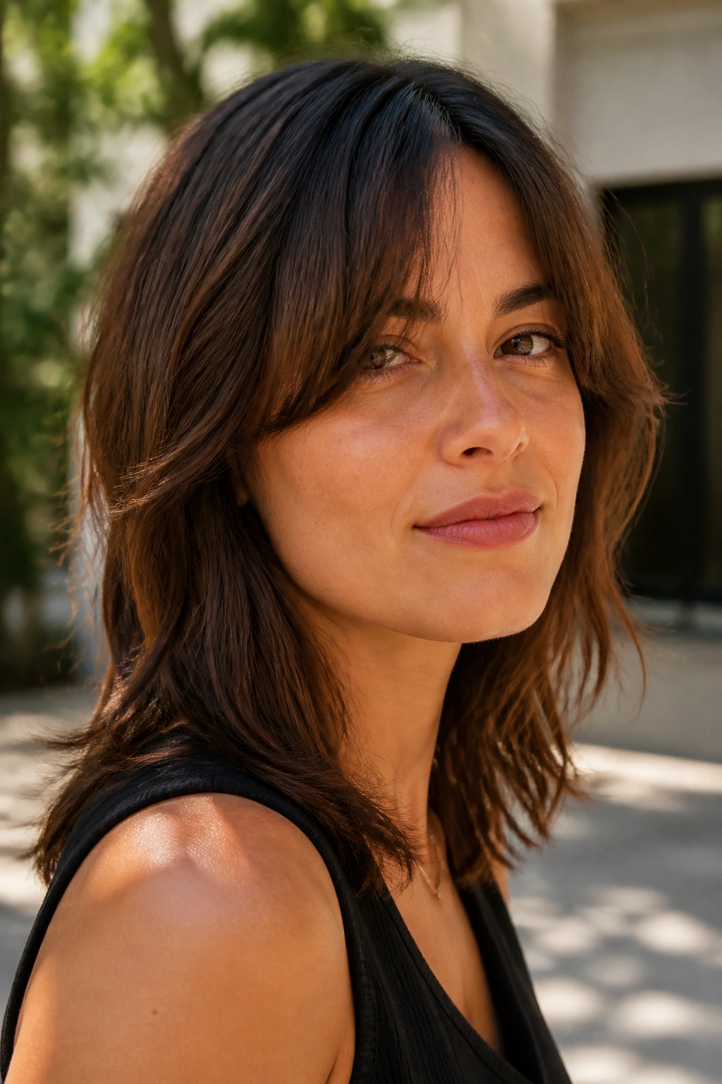 Close-up of shag-base curtain bangs on a real woman with layered texture