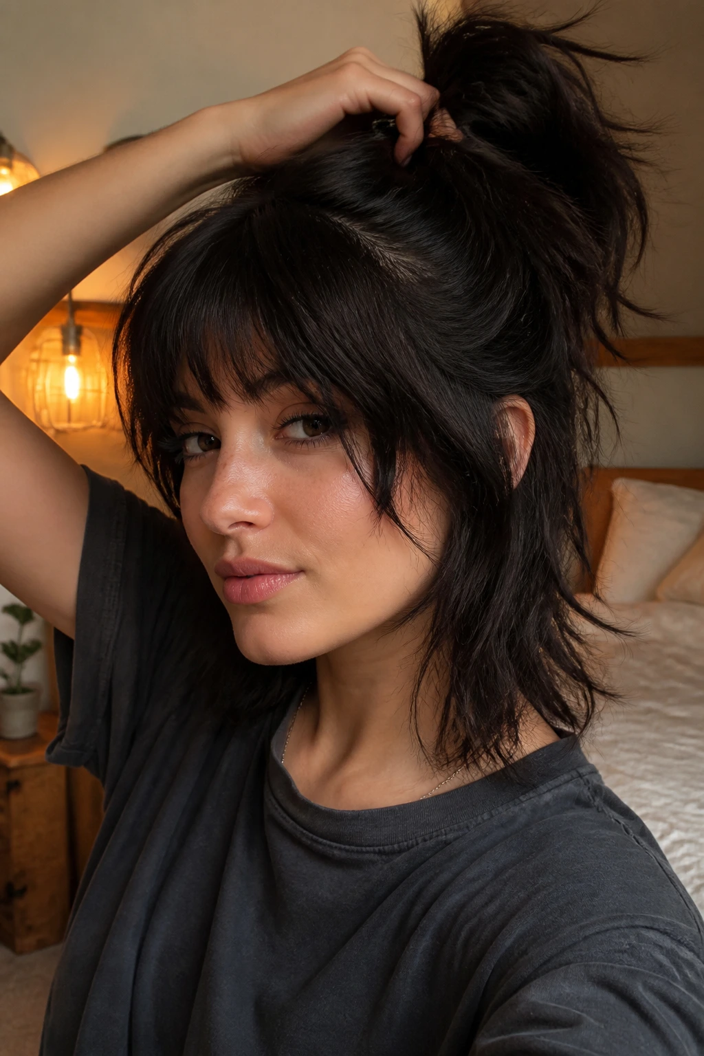 Thick-haired person with a loose topknot between trims