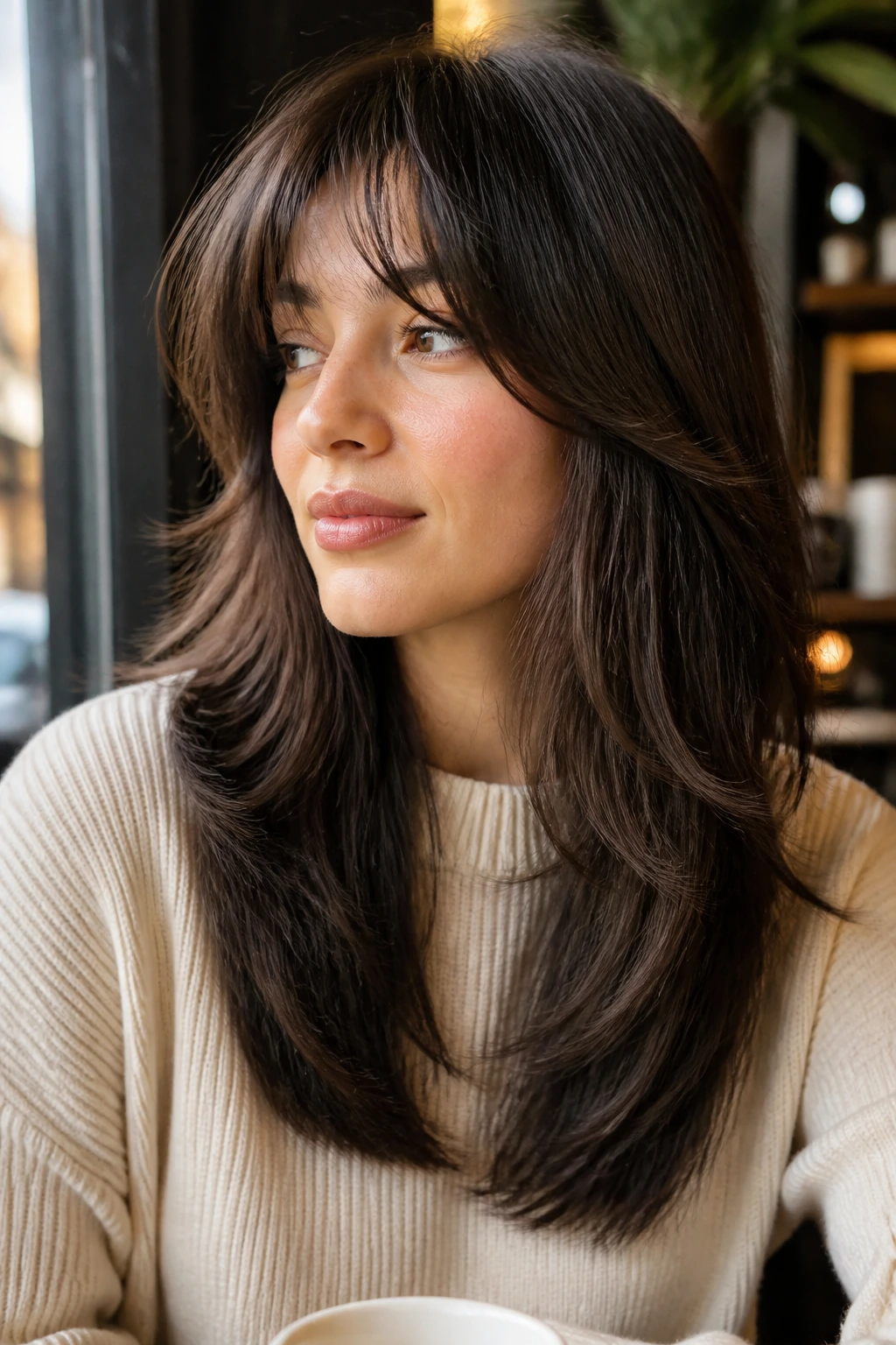 Close-up of a real woman with soft-blunt-end shag and espresso-lowlight veil.