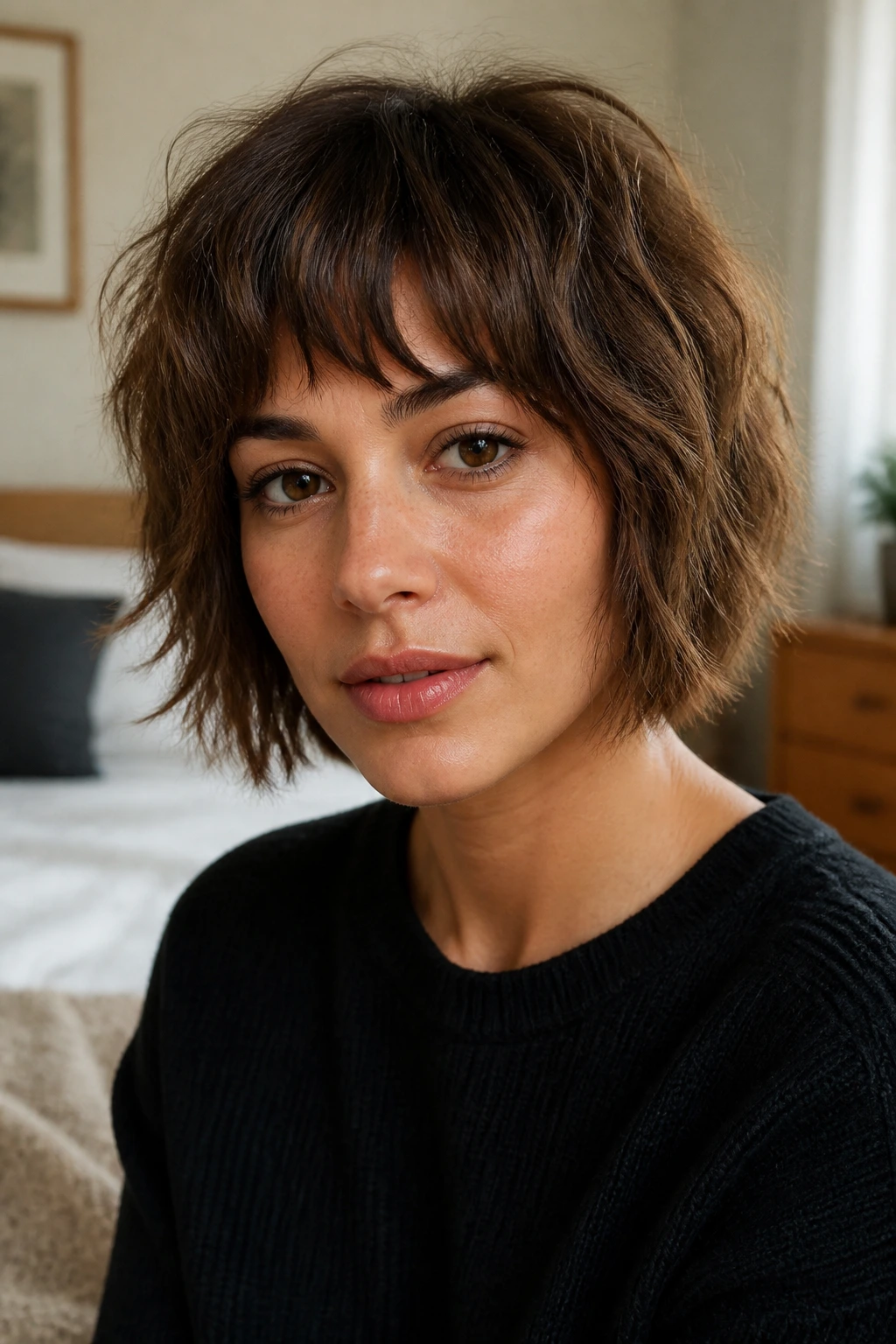 Real person with shag bob and choppy fringe in soft daylight