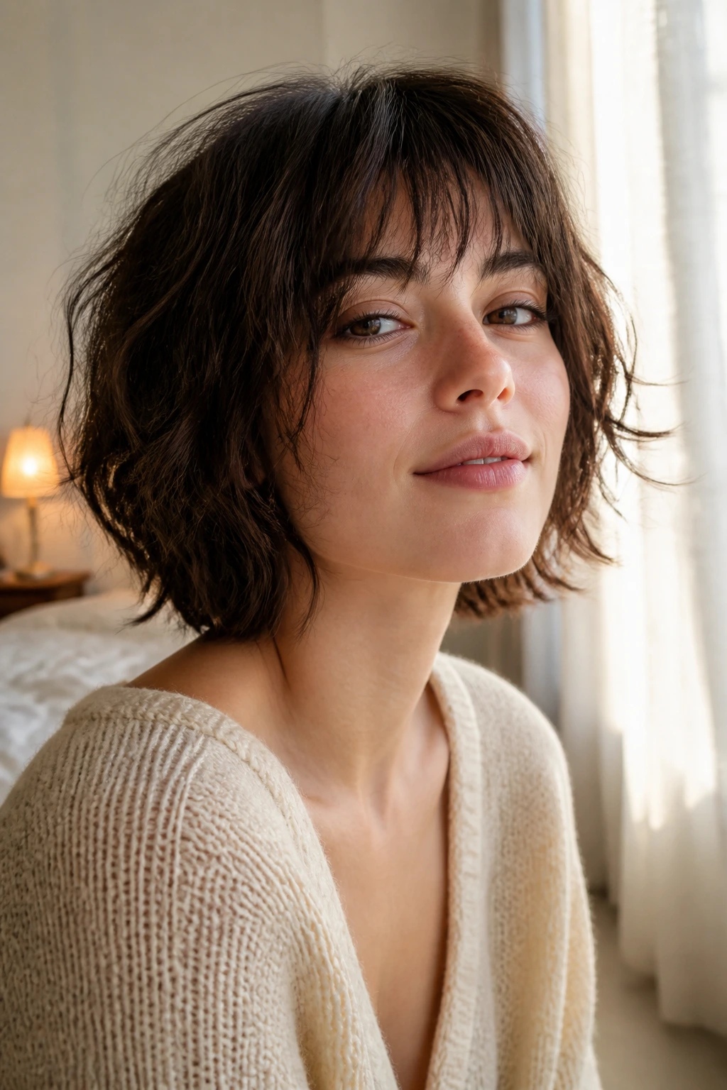 Close-up of a woman with textured shag bob and light fringe in sunlit room
