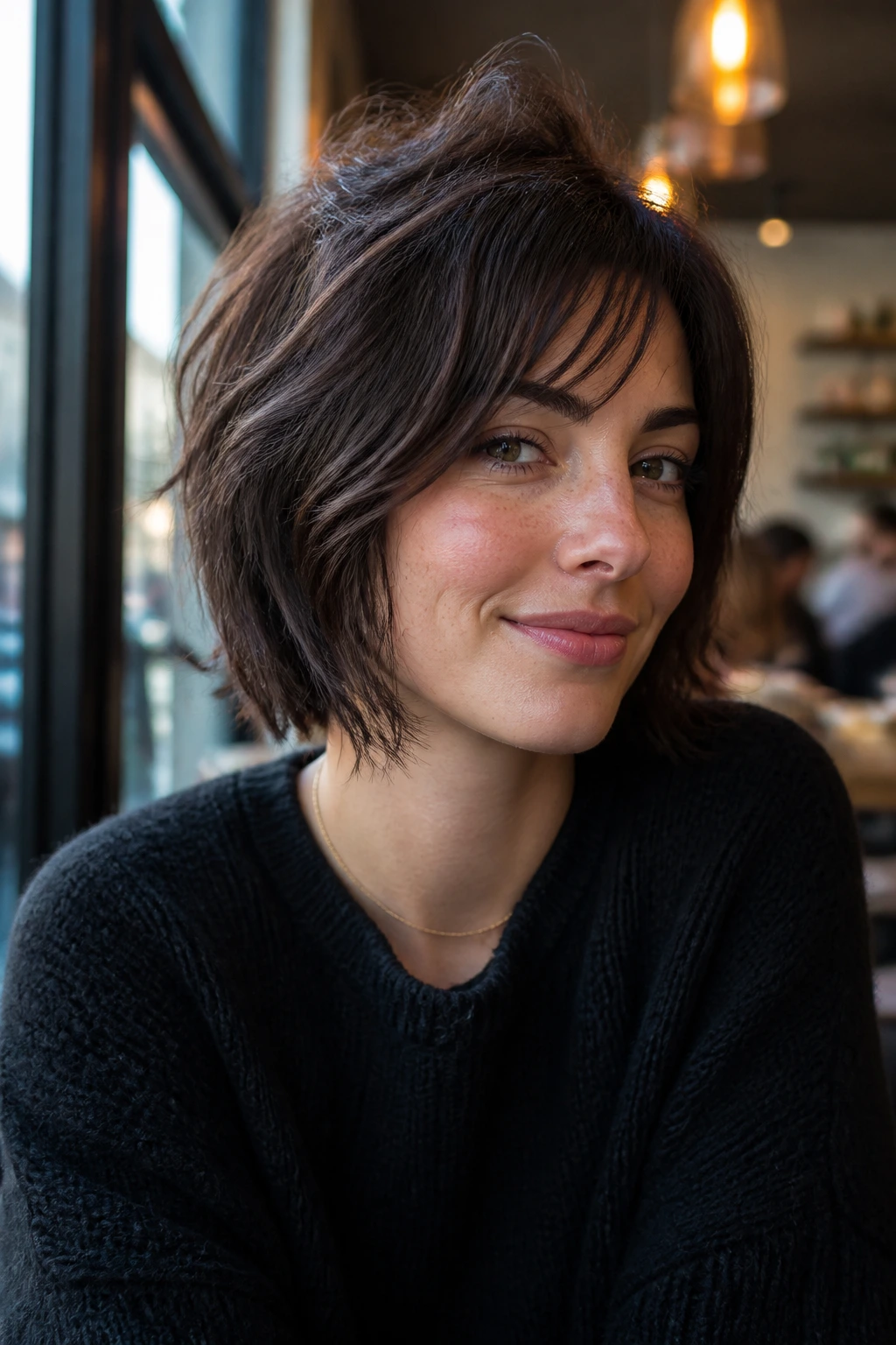 Close-up of a woman with shag-bob and longer fringe in a sunlit cafe setting.