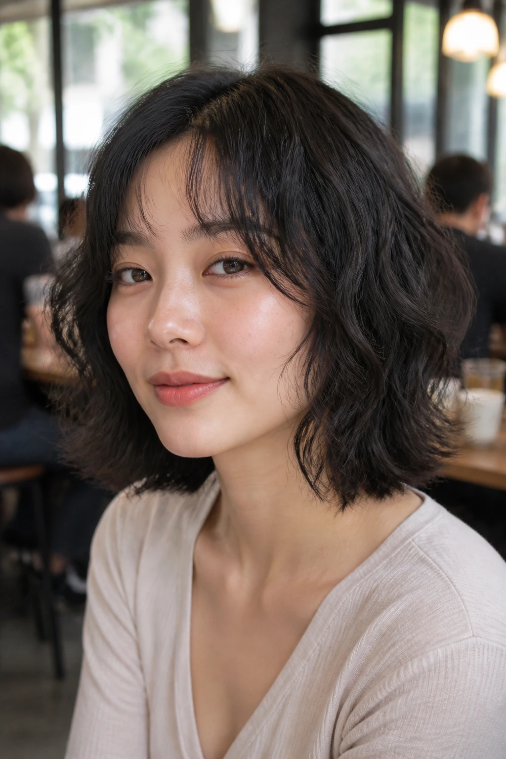 Close-up portrait of a real woman wearing a shag-bob hybrid with layered ends