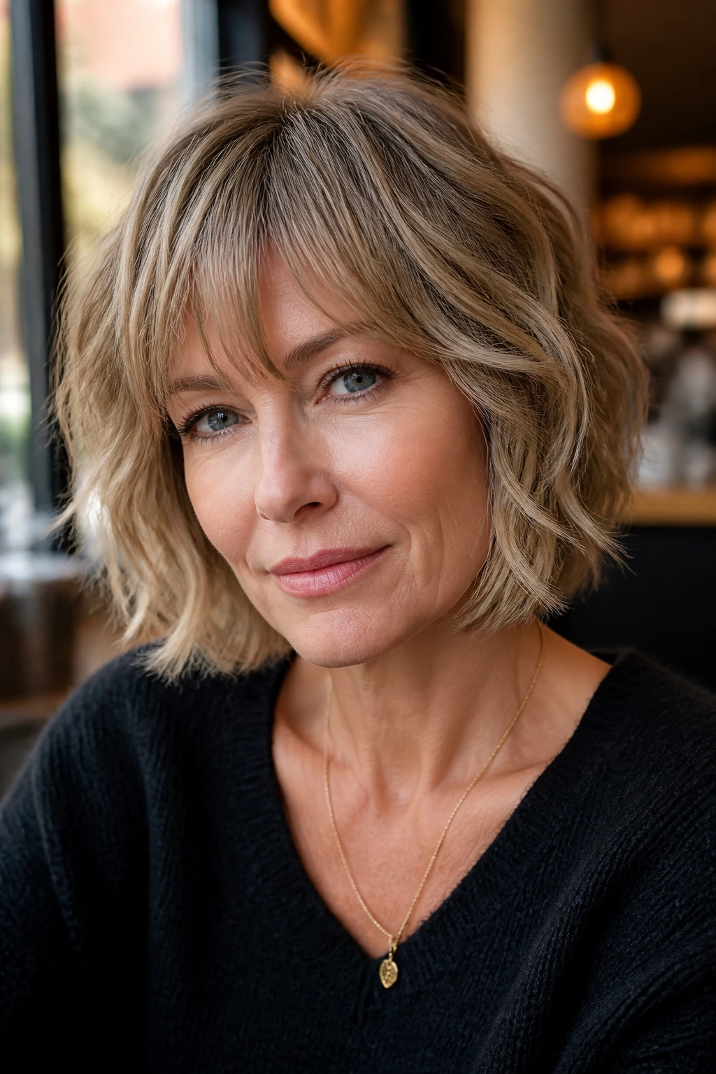 Portrait of a woman with a shag-bob haircut showing layered crown and cheekbone framing.