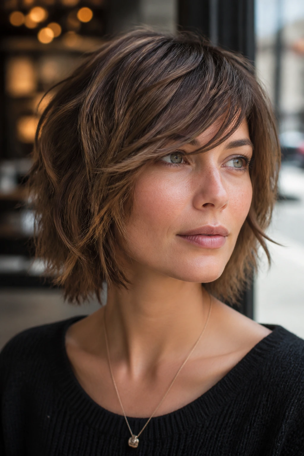 Close-up portrait of a real woman with a tousled shag bob and razored ends, warm cafe window light.