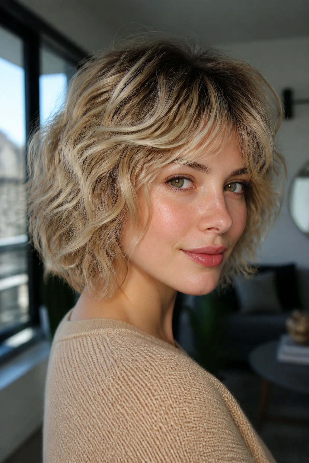 Close-up of a real woman with shag bob, airy layers, and root shadow