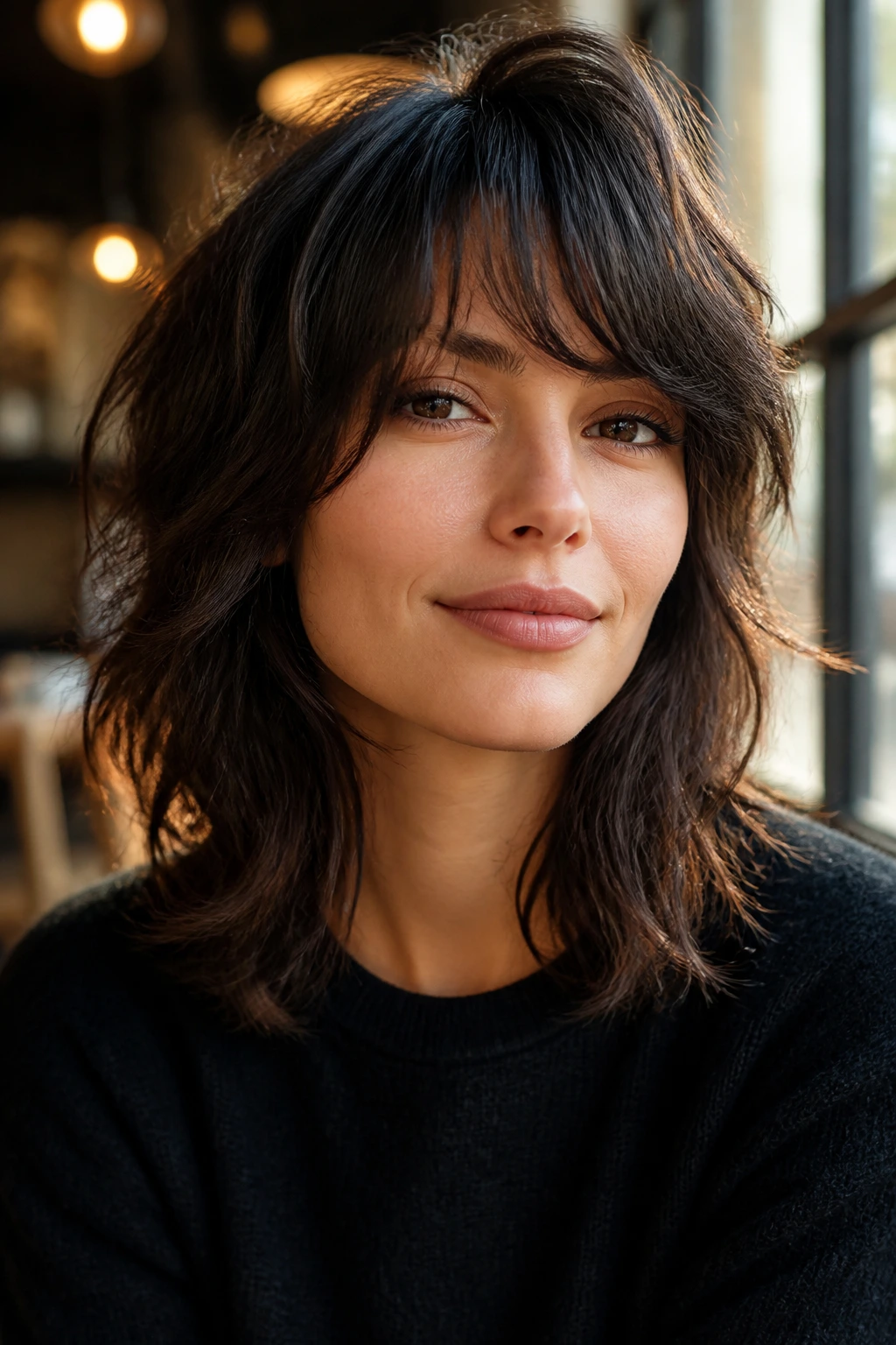 Close-up portrait of a real woman with shag-bob hybrid and sweepy bangs, thick layered hair.