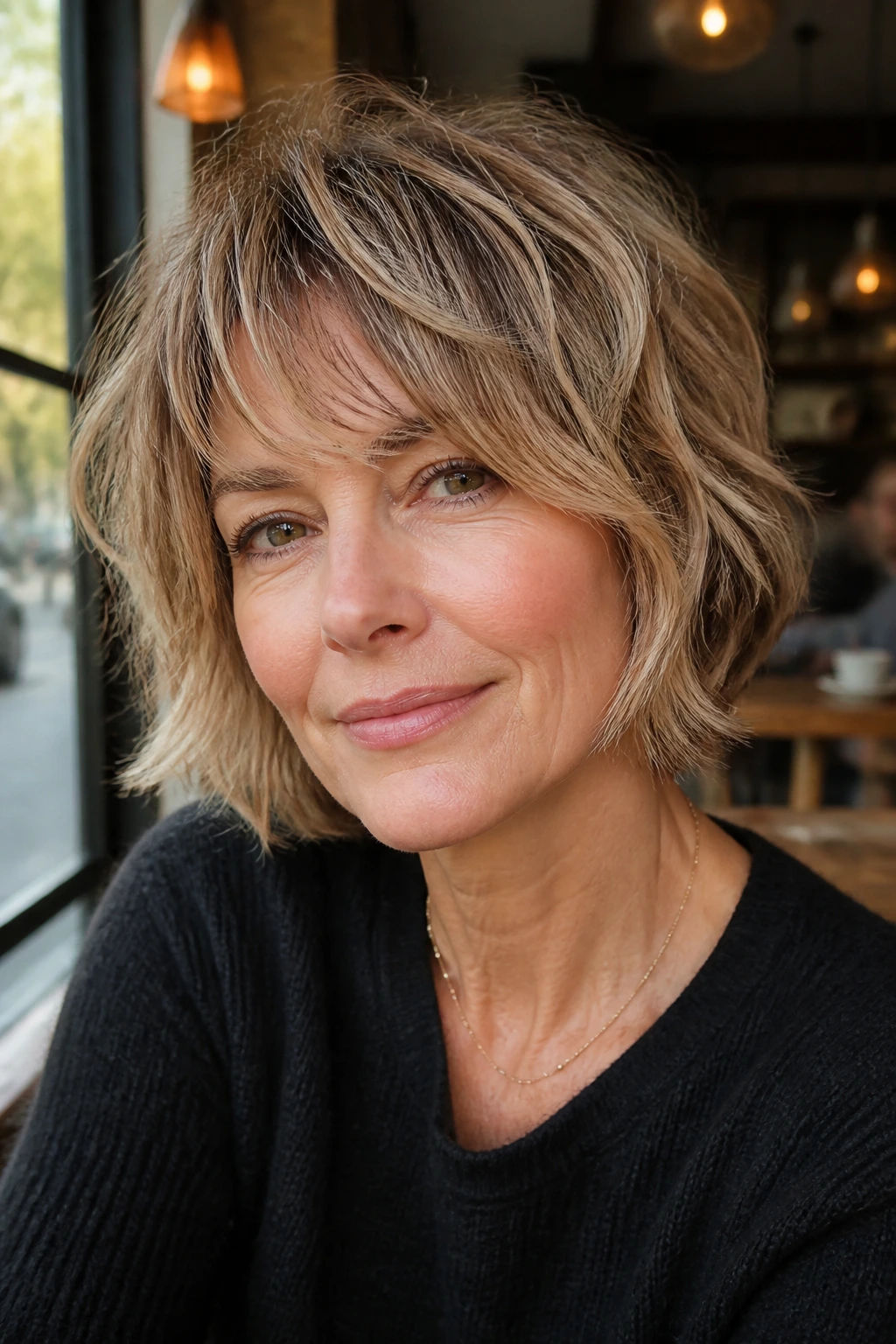 Real woman with tousled shag bob in a cafe setting