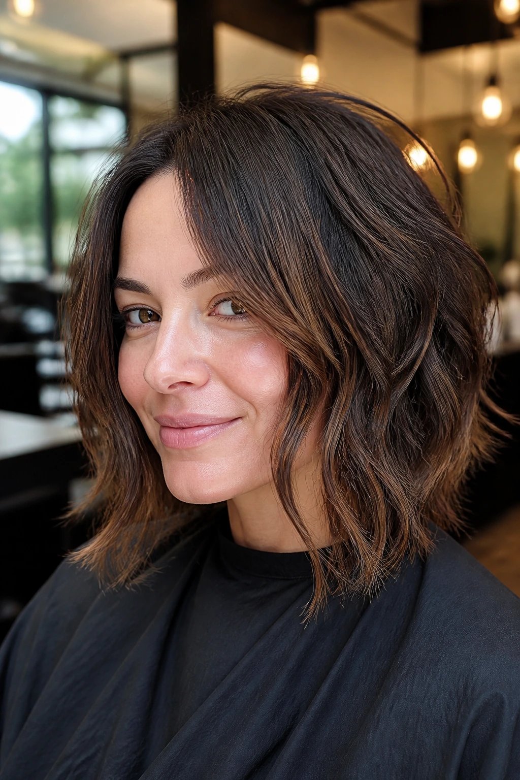 Portrait of a real woman with thick hair in a shag-bob hybrid with interior layers