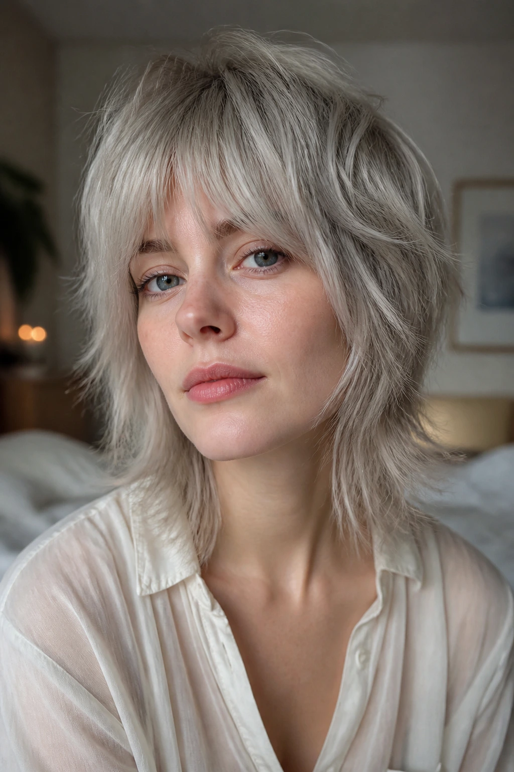 Close-up portrait of a real person with a choppy shag and bottleneck bangs in steel blonde.